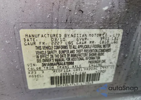 2010 Nissan Sentra 2.0 z USA, uszkodzony, nr VIN 3N1AB6AP6AL678868